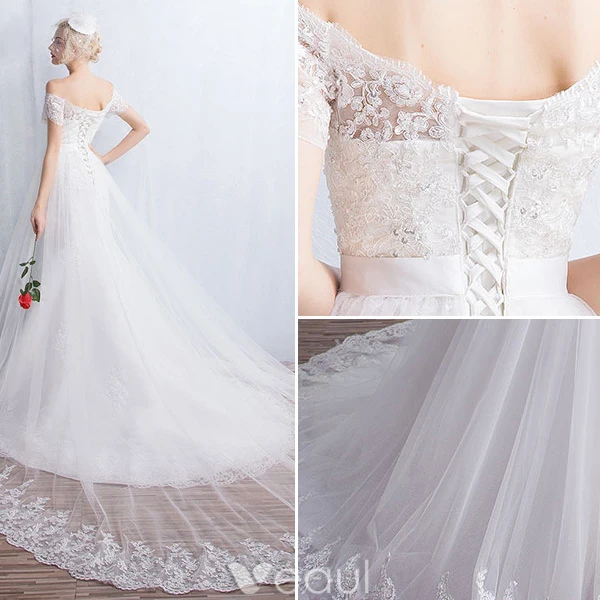 Elegant Havfrue Brudekjoler 2016 Av Skulderen Applikerte Blonder Paljetter Lang Brudekjole Med Korte Ermer
