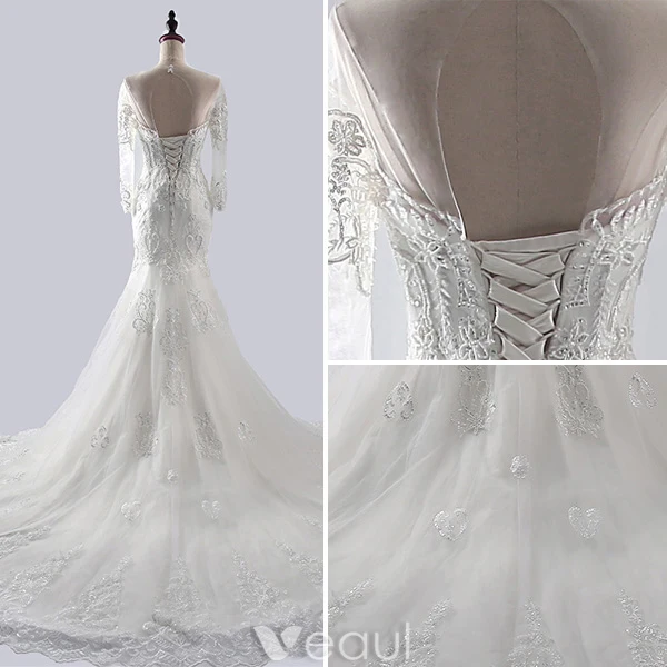 Luxury Mermaid Wedding Dresses 2016 Scoop Neck Applique Heart Shaped Lace Wedding Dress With Long Tailing