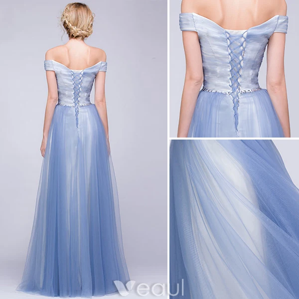Elegant Evening Dresses 2016 A-line Off The Shoulder Backless Sky Blue Long Dress