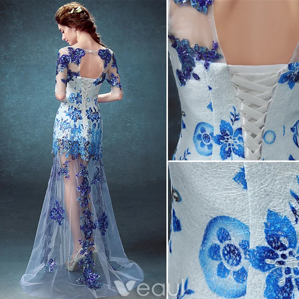 Sexy Evening Dresses 2016  Scoop Neckline Printing Flowers Sequins Tulle Dress