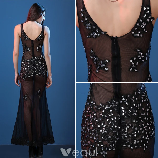 Robe De Soirée Transparentes Sexy 2016 Sirène Profonde Applique Col V Dentelle Cristal Robe De Soirée En Tulle Noir