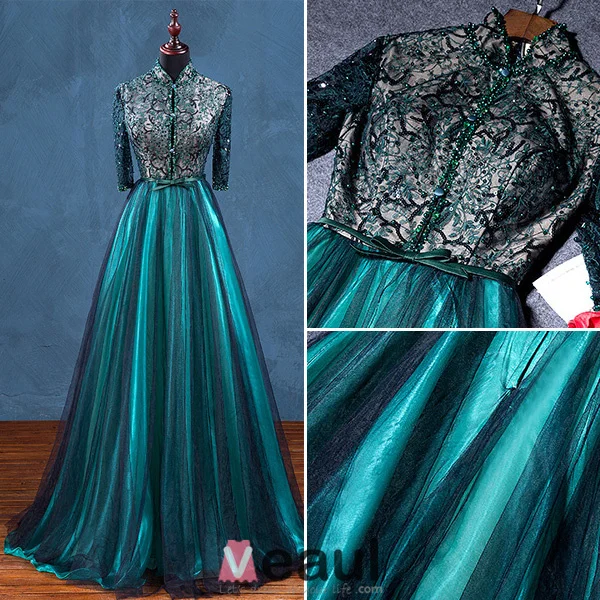 Vintage High Neck Evening Dress Beadding Sequins With Lace Backless Dark Green Tulle Long Dress
