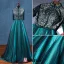 Vintage High Neck Evening Dress Beadding Sequins With Lace Backless Dark Green Tulle Long Dress