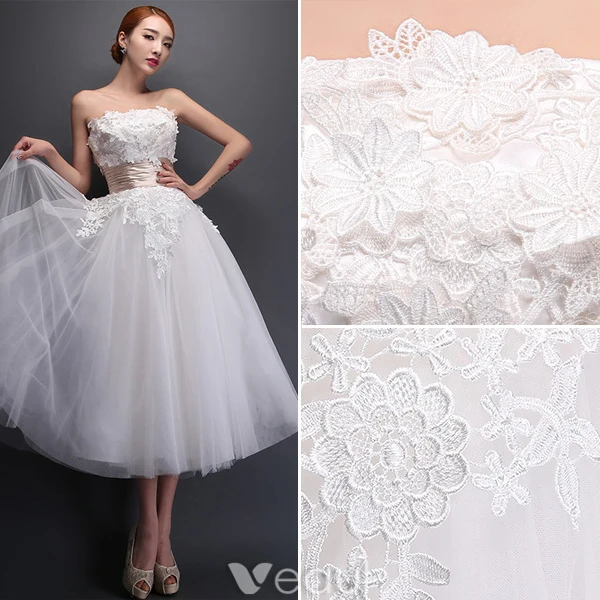 Strapless Applique Lace Flowers Tea Length Short Wedding Dress With Ruffle Sash