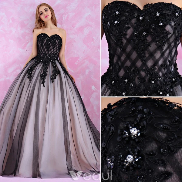 Mote Kjæreste Ballkjoler Kjoler 2016 Beading Rhinestones Lang Svart Tyll Ballkjole Med Tailing