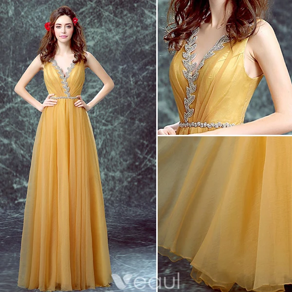 Glamorous Evening Dresses 2016 Deep V-neck Ruffle Soft Yellow Tulle Dress With Rhinestones