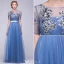 Beautiful Evening Dresses 2016 A-line Square Neckline Applique Sequins Lace Ink Blue Tulle Long Dress With Sash