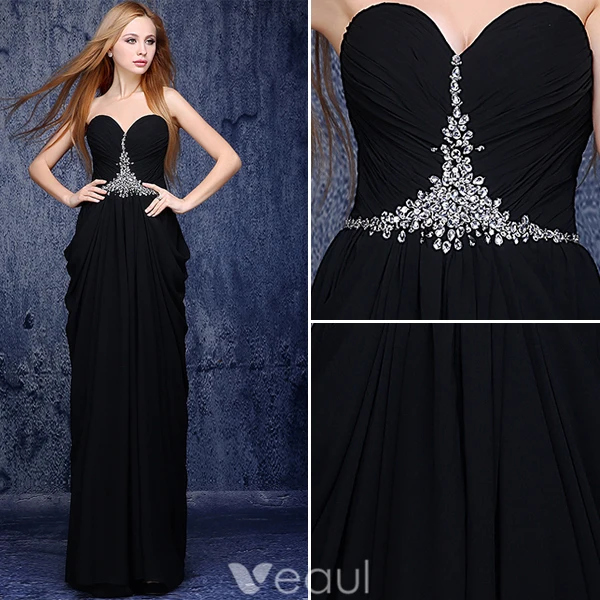 Elegant Svart Selskabskjoler 2016 A-linje Kjæreste Beading Krystall Rusket Chiffon Lang Kjole