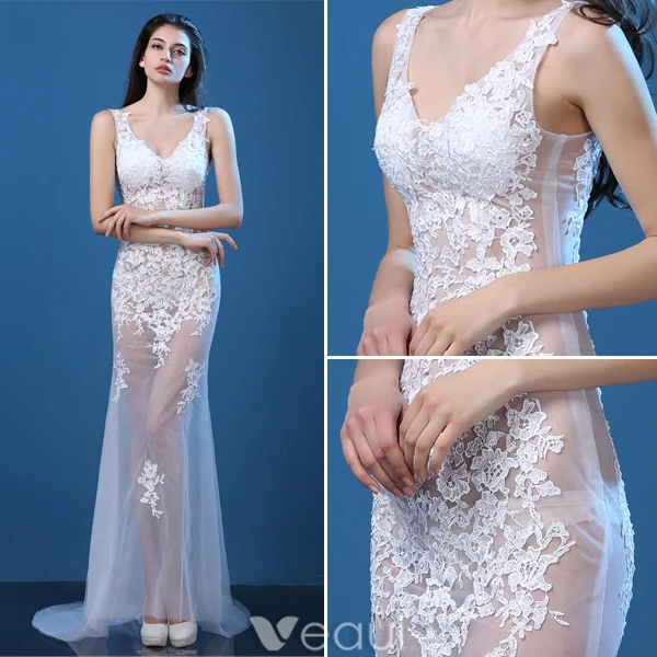 Sexy Lace Evening Dresses 2016 Mermaid Deep V-neck Applique Lace Tulle Backless Evening Dress
