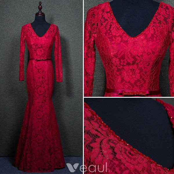 Elegant Burgundy Aftonklänningar 2016 Mermaid Beading V-ringad Långa Ärmar Spets Formell Klädsel Med Skärp
