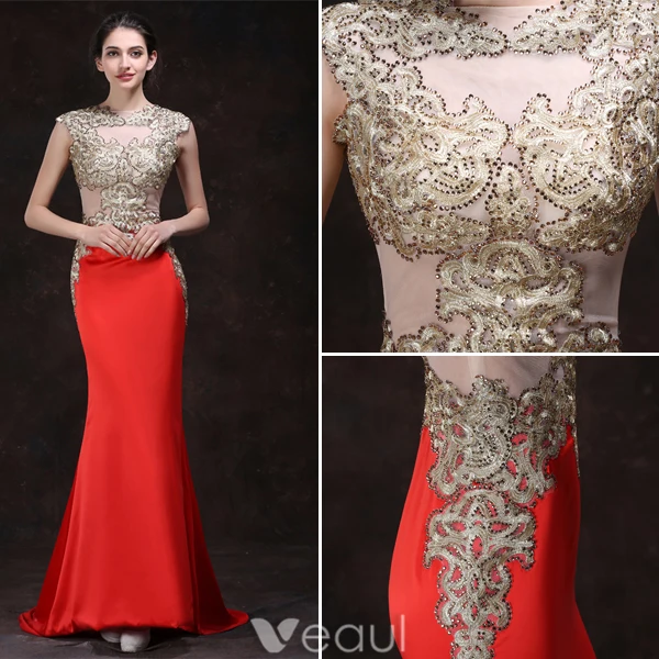 Sexy Red Evening Dresses 2016 Mermaid Square Neckline Beading Rhinestone Gold Lace Formal Dress