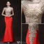 Sexy Red Evening Dresses 2016 Mermaid Square Neckline Beading Rhinestone Gold Lace Formal Dress