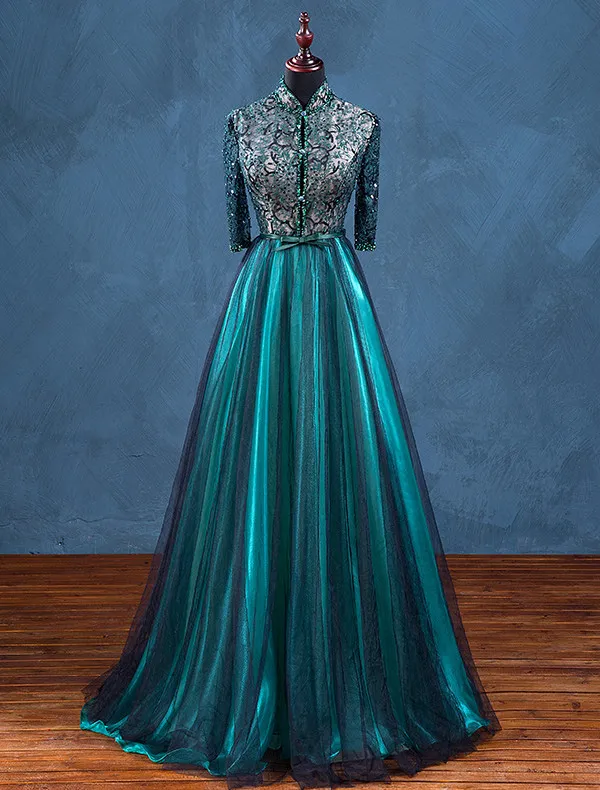 Vintage High Neck Evening Dress Beadding Sequins With Lace Backless Dark Green Tulle Long Dress