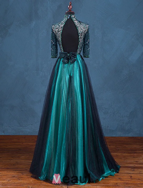 Vintage High Neck Evening Dress Beadding Sequins With Lace Backless Dark Green Tulle Long Dress