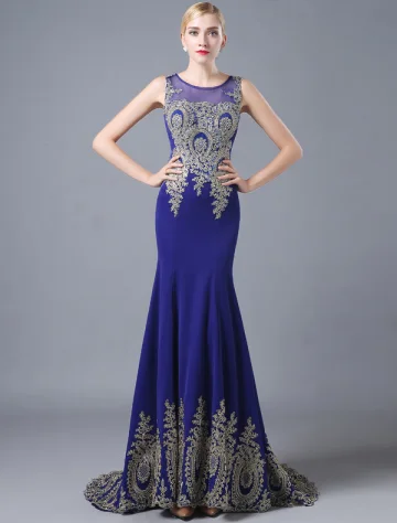Sirène De La Mode Des Robes De Soirée 2016 Encolure Dégagée Appliques Paillettes Dentelle Royale Satin Bleu Robe Longue