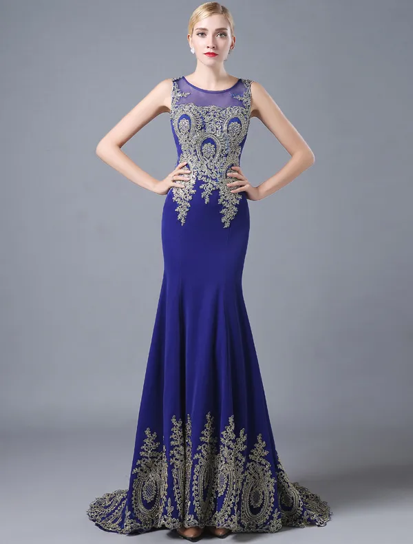 Fashion Mermaid Evening Dresses 2016 Scoop Neck Applique Glitter Lace Royal Blue Satin Long Dress