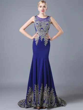 Mode Zeemeermin Avondjurken 2016 Ronde Hals Applique Glitter Kant Koninklijk Blauwe Satijnen Lange Jurk