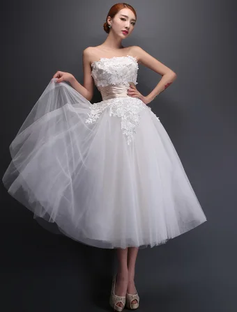 Strapless Applique Lace Flowers Tea Length Short Wedding Dress With Ruffle Sash