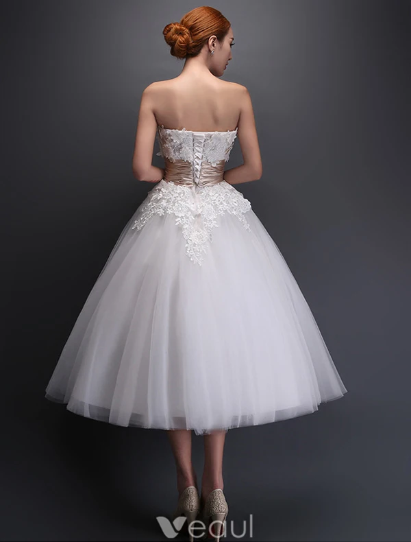 Strapless Applique Lace Flowers Tea Length Short Wedding Dress With Ruffle Sash