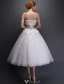 Strapless Applique Lace Flowers Tea Length Short Wedding Dress With Ruffle Sash