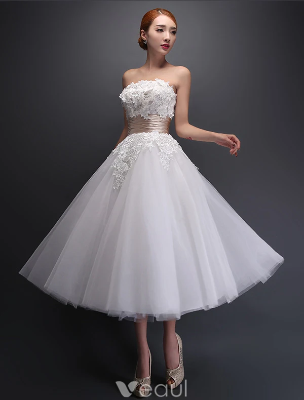 Strapless Applique Lace Flowers Tea Length Short Wedding Dress With Ruffle Sash