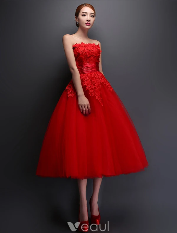 Strapless Applique Lace Flowers Tea Length Short Wedding Dress With Ruffle Sash