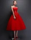 Strapless Applique Lace Flowers Tea Length Short Wedding Dress With Ruffle Sash