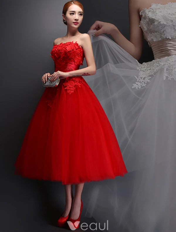 Strapless Applique Lace Flowers Tea Length Short Wedding Dress With Ruffle Sash