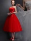 Strapless Applique Lace Flowers Tea Length Short Wedding Dress With Ruffle Sash