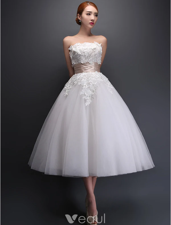 Strapless Applique Lace Flowers Tea Length Short Wedding Dress With Ruffle Sash