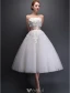 Strapless Applique Lace Flowers Tea Length Short Wedding Dress With Ruffle Sash