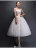 Strapless Applique Lace Flowers Tea Length Short Wedding Dress With Ruffle Sash