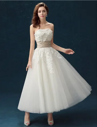 Klassieke Strapless Applique Kant Bloemen Enkellange Ivoor Trouwjurk