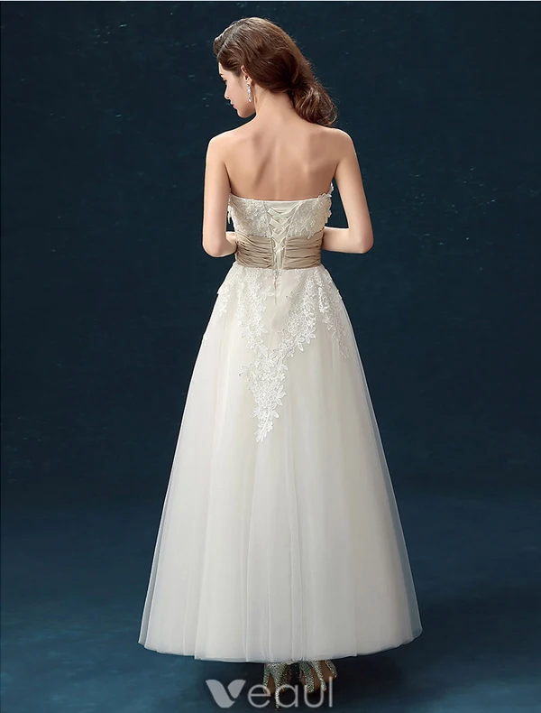 Klassieke Strapless Applique Kant Bloemen Enkellange Ivoor Trouwjurk