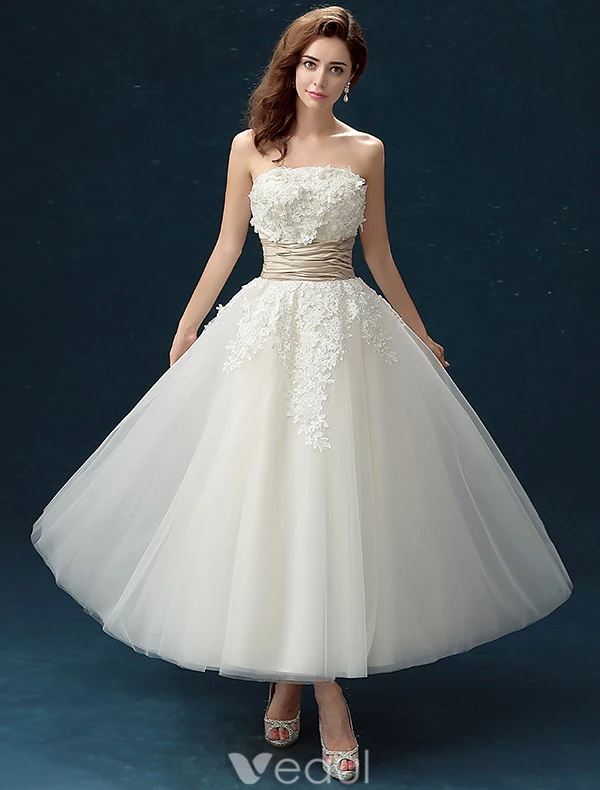 Klassieke Strapless Applique Kant Bloemen Enkellange Ivoor Trouwjurk