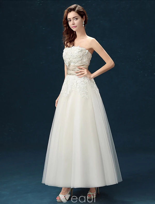Klassieke Strapless Applique Kant Bloemen Enkellange Ivoor Trouwjurk