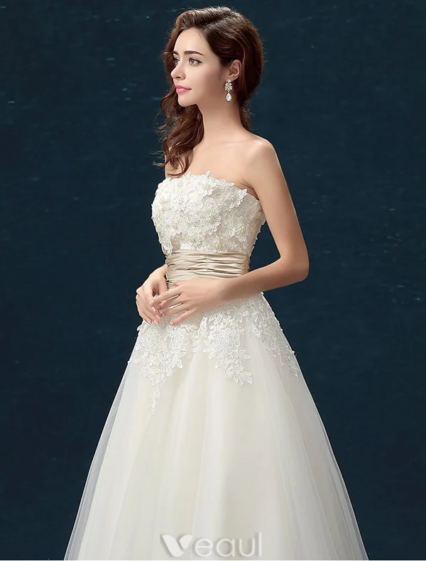 Klassieke Strapless Applique Kant Bloemen Enkellange Ivoor Trouwjurk