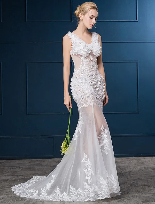 Sexy Hochzeitskleider 2016 Meerjungfrau V-ausschnitt-spitze Blumen Brautkleid Mit Sweep Zug
