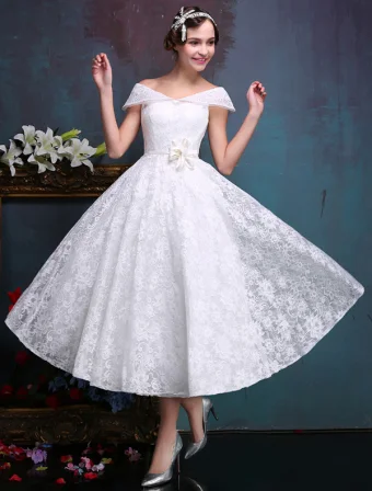 Beautiful Short Wedding Dresses 2016 Off The Shoulder White Lace Wedding Dress With Flower Sash