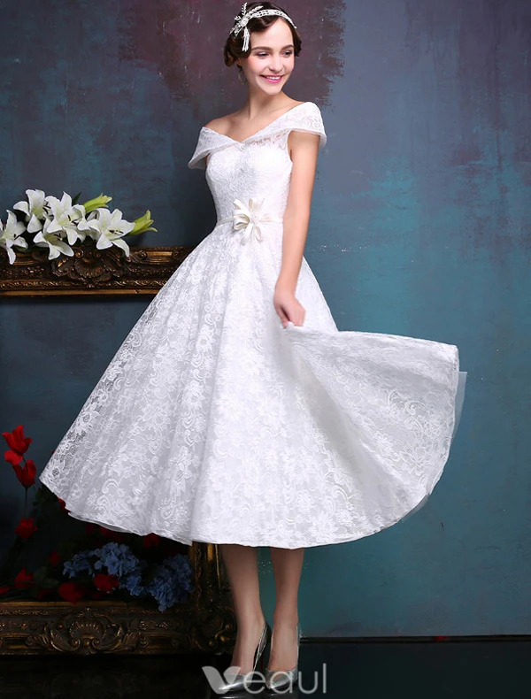 Beautiful Short Wedding Dresses 2016 Off The Shoulder White Lace Wedding Dress With Flower Sash