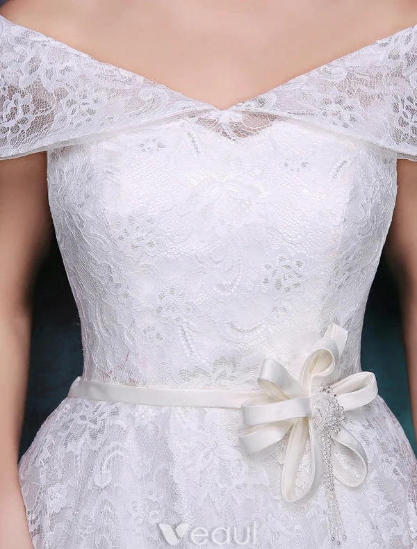 Beautiful Short Wedding Dresses 2016 Off The Shoulder White Lace Wedding Dress With Flower Sash