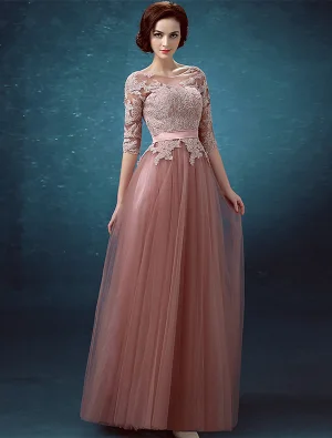 Belle Robes De Soirée Pas Cher 2016 Encolure Appliques De Dentelle Robe Longue Dos Nu Manches 1 2 Avec Ceinture