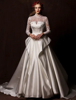 Robe De Mariée Élégantes 2016 Millésime Décolleté De Dentelle Robe De Mariée En Satin Ivoire Volant Avec Une Longue Queue