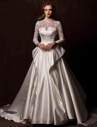 Robe De Mariée Élégantes 2016 Millésime Décolleté De Dentelle Robe De Mariée En Satin Ivoire Volant Avec Une Longue Queue
