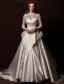 Elegant Wedding Dresses 2016 Vintage Lace Neckline Ivory Ruffle Satin Wedding Dress With Long Tailing