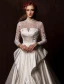 Elegant Wedding Dresses 2016 Vintage Lace Neckline Ivory Ruffle Satin Wedding Dress With Long Tailing