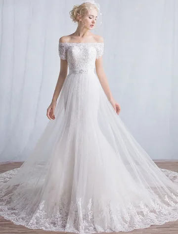 Elegante Zeemeermin Trouwjurken 2016 Uit De Schouder Applique Kant Pailletten Lange Bruidsjurk Met Korte Mouwen