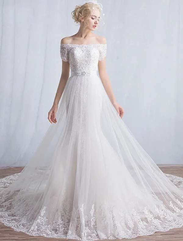 Elegant Mermaid Wedding Dresses 2016 Off The Shoulder Applique Lace Sequins Long Wedding Dress With Short Sleeves