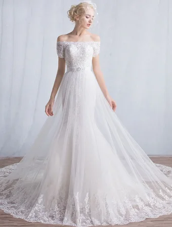 Elegant Mermaid Wedding Dresses 2016 Off The Shoulder Applique Lace Sequins Long Wedding Dress With Short Sleeves