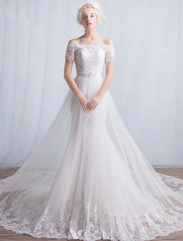 Elegant Havfrue Brudekjoler 2016 Av Skulderen Applikerte Blonder Paljetter Lang Brudekjole Med Korte Ermer
